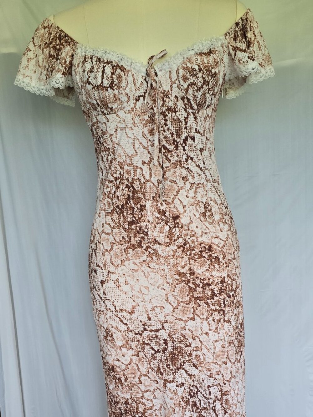 WAYF Melissa Lace-Trim Brown Python Maxi Dress NWT Size Small
